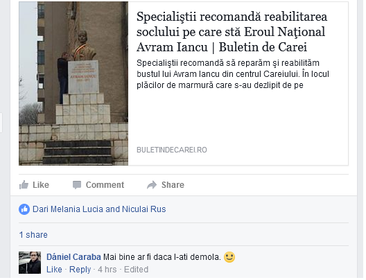 Reacţie extremă a unui careian  la adresa bustului Eroului Naţional Avram Iancu