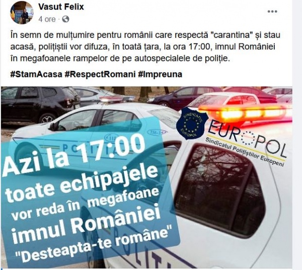 Polițiștii vor difuza Imnul României pe străzile localităților