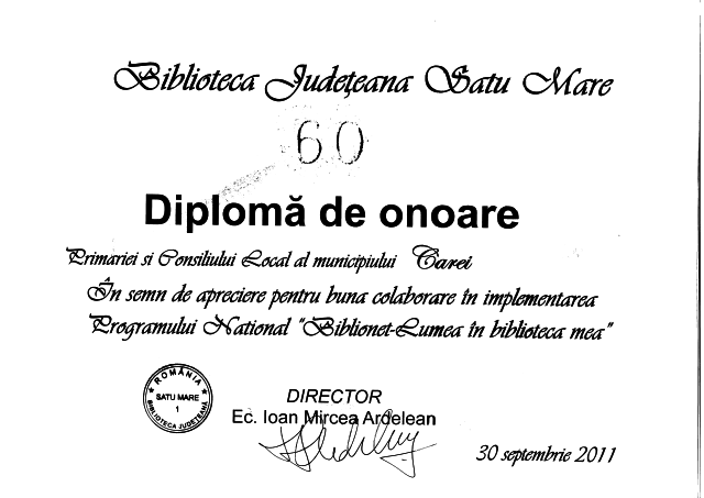 Diploma de onoare ce încununează activitatea bibliotecarilor careieni