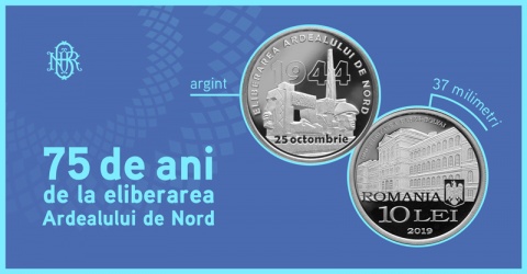 Monedă din argint emisă de BNR cu imaginea Monumentului Ostașului Român de la Carei