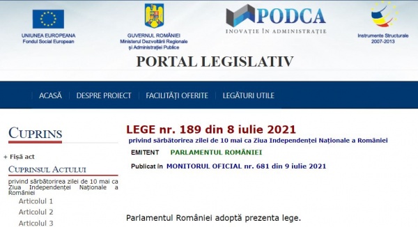 LEGE nr. 189 din 8 iulie 2021 privind sărbătorirea zilei de 10 mai ca Ziua Independenței Naționale a României