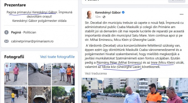 La Satu Mare primarul folosește denumiri de străzi din perioada de ocupație hortystă când se adresează cititorilor maghiari