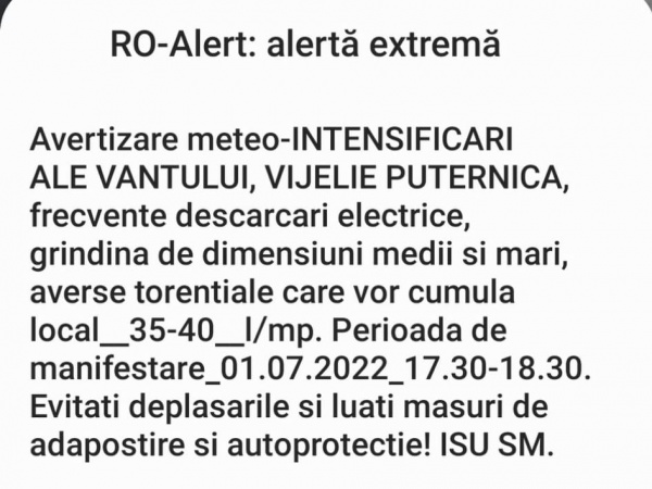 Avertizare meteo transmisă de ISU Satu Mare