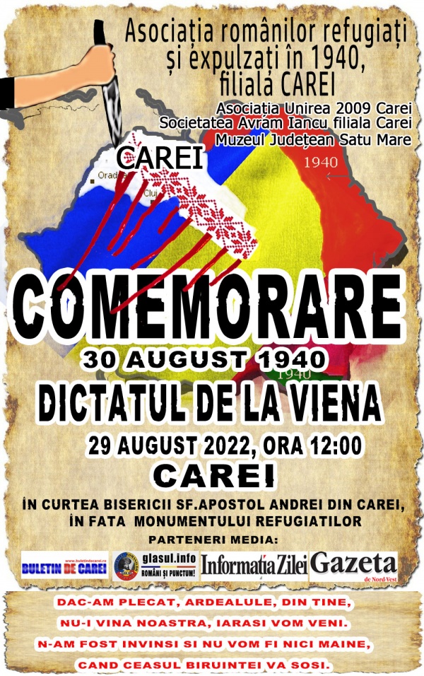 Toate drumurile duc la Carei la data de 29 august 2022 la comemorarea martirilor Dictatului de la Viena