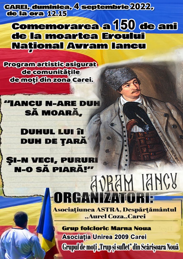 4 septembrie 2022 Carei: Comemorarea lui Avram Iancu la 150 de ani de la înveșnicirea sa