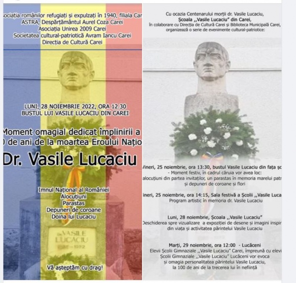 Comemorarea Eroului Națiunii Române, pr.dr.Vasile  Lucaciu la Carei și Lucăceni