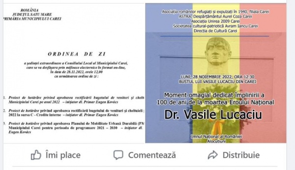 Comemorarea lui Vasile Lucaciu marcată de Primăria Carei prin ședință de Consiliu Local