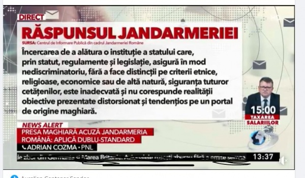 Presa maghiară acuză Jandarmeria Română de dublu standard. Intervenția deputatului Cozma