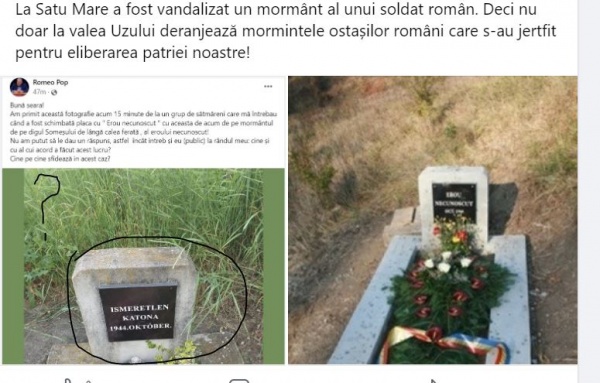 La Satu Mare a fost vandalizat un mormânt al unui soldat român. Placa de căpătâi a fost schimbată cu o inscripție maghiară