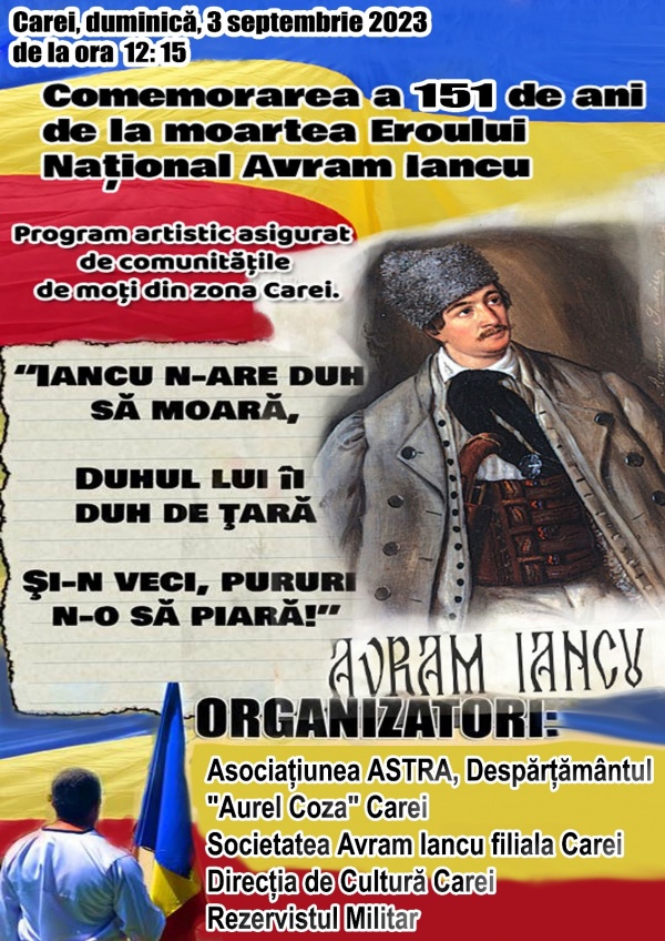 INVITAȚIE. Comemorarea Eroului Național Avram Iancu la Carei