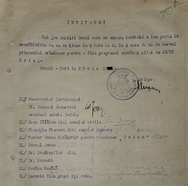 Sărbătorirea zilei de 10 mai la Carei în anul 1921 reflectată în documente arhivistice