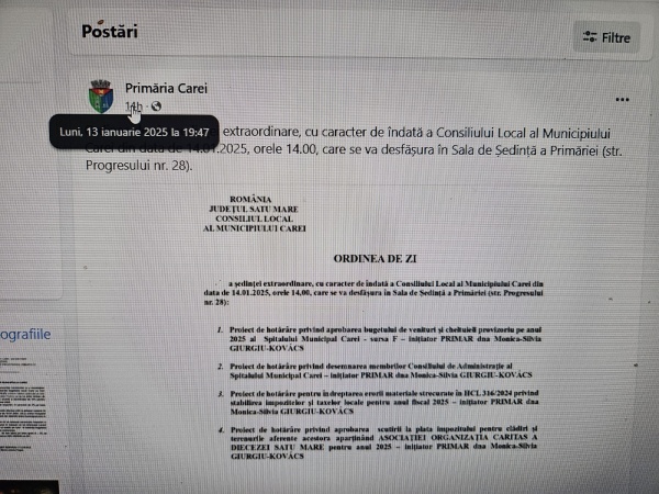 Ședință publică la Primăria Carei. Scutire de impozit pentru o asociație și aprobarea bugetului pentru Spital