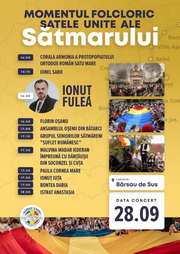 Invitație. Spectacol folcloric în cadrul sărbătorii ,,Satele Unite ale Sătmarului,,