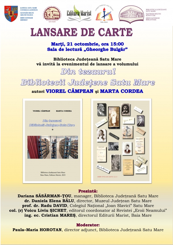 Lansarea volumului antologic de articole, studii și cercetări  „Din tezaurul Bibliotecii Județene Satu Mare”