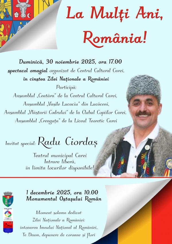Programul activităților de Ziua Națională la Carei. Niciun interpret renumit pentru repertoriul patriotic