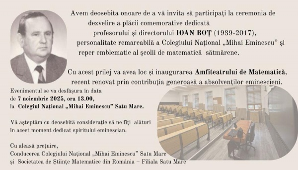 Regretatul profesor Ioan Boț va avea placă comemorativă la Colegiul Național Mihai Eminescu Satu Mare
