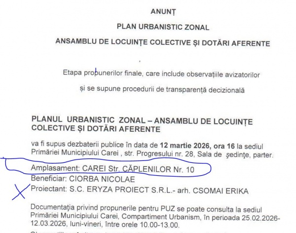 Deci se poate! Dezbatere Publică concretă la sediul Primăriei Carei pentru construire de ansamblu de locuințe  pe strada Căplenilor nr.10