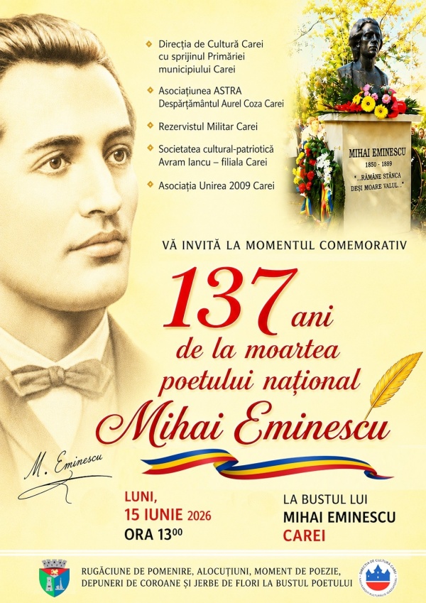 Nemuritorul EMINESCU va fi comemorat la Carei