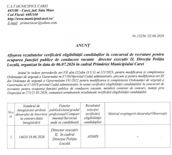 Un singur candidat pentru postul de director executiv la Poliția Locală Carei