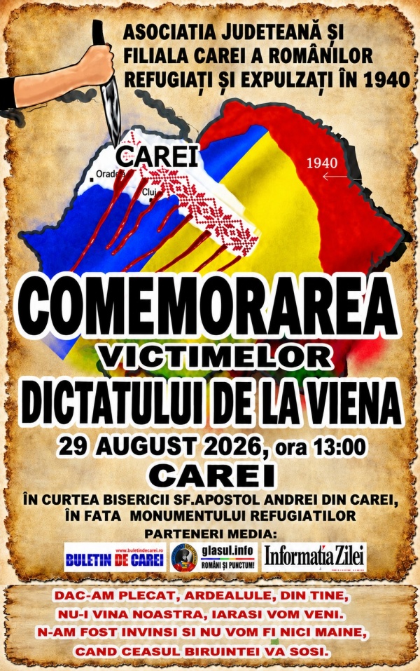 Nu uităm! Uniți la Carei în jurul Monumentului Refugiaților din 1940 la 86 de ani de la semnarea Dictatului de la Viena