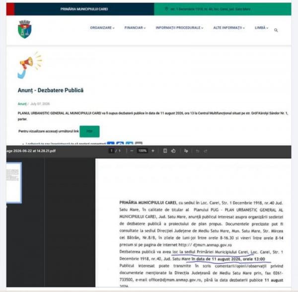 Delir! Primăria Carei anunță Dezbatere Publică pentru PUG în două locații diferite la aceeași oră și în aceeași zi