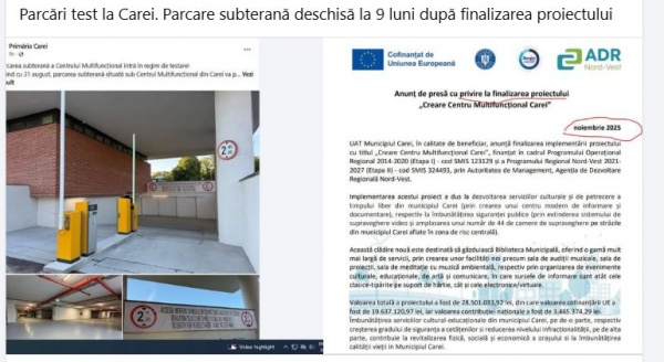 Parcări test la Carei. Parcare subterană deschisă la 9 luni după finalizarea proiectului